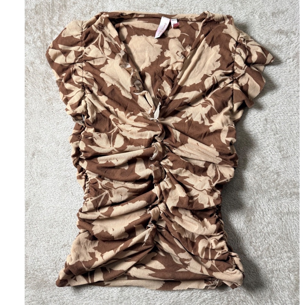 Sweet Pea by Stacy Frati Brown Floral Ruched Mesh Top Med Y2K Fairycore Boho